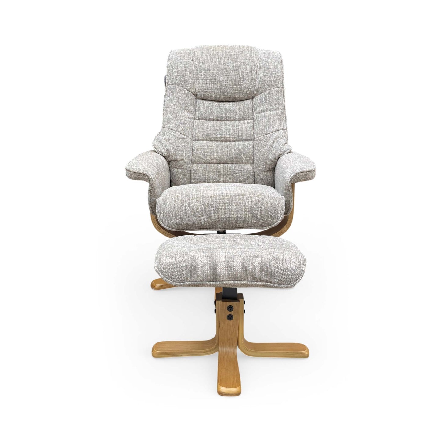 Front view of the Riga swivel chair and matching footstool in Chacha Oat textured fabric, featuring a modern rounded silhouette and black swivel base.