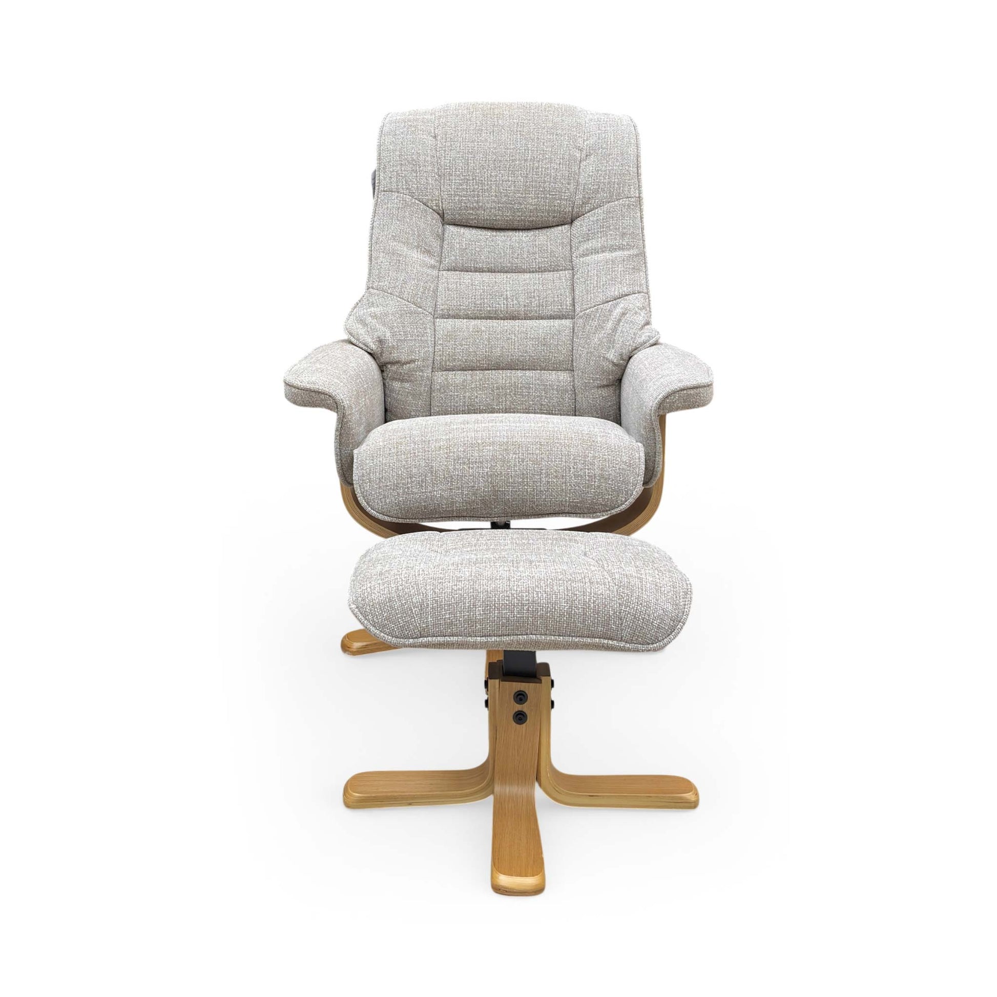 Front view of the Riga swivel chair and matching footstool in Chacha Oat textured fabric, featuring a modern rounded silhouette and black swivel base.