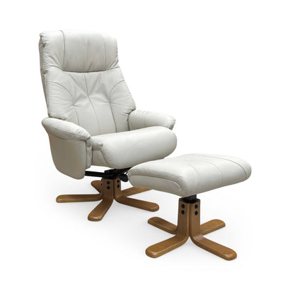 Full view the Muscat Swivel Recliner Chair and matching footstool in Mushroom leather, featuring a contemporary curved design and supportive high backrest.