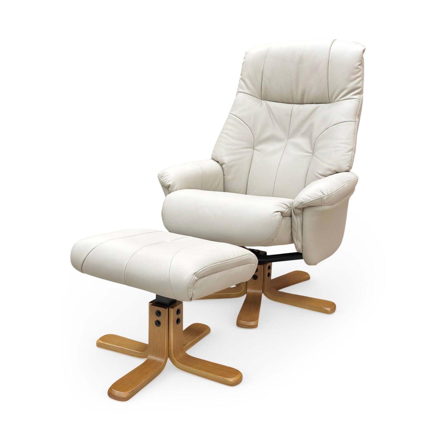 Side profile of the Muscat recliner, emphasizing the ergonomic curve of the backrest and the modern circular base design.