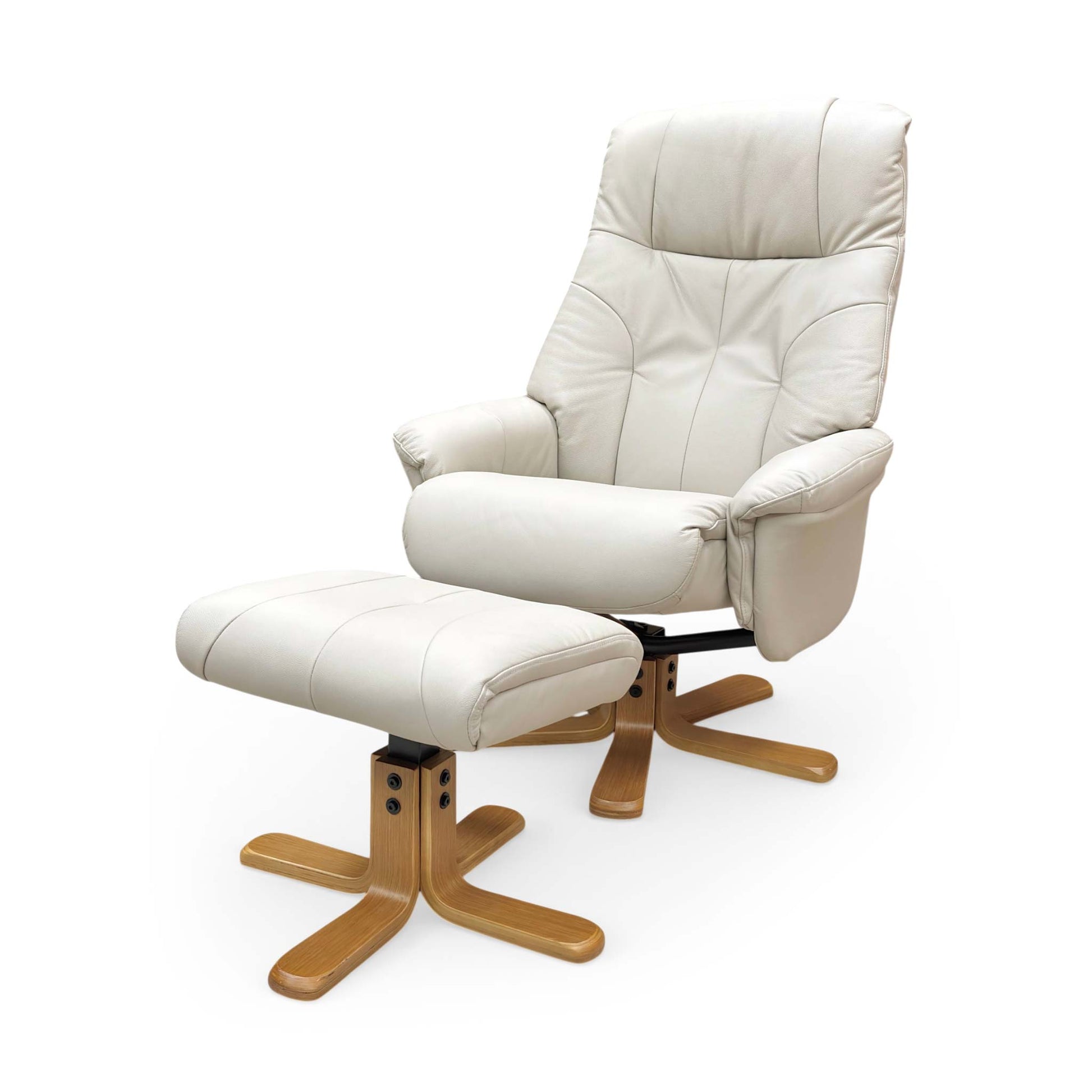 Side profile of the Muscat recliner, emphasizing the ergonomic curve of the backrest and the modern circular base design.