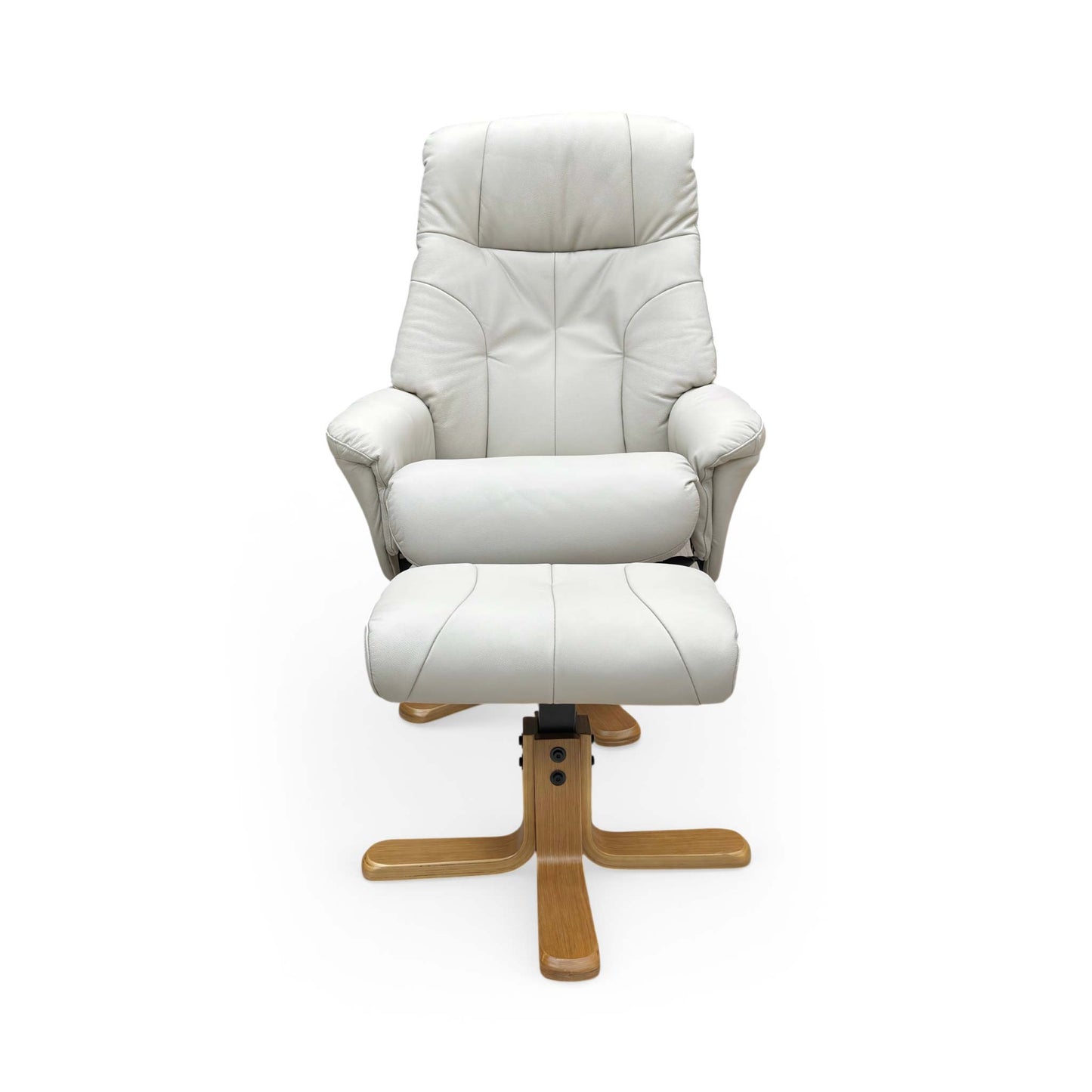 Front view he Muscat Swivel Recliner Chair and matching footstool in Mushroom leather, featuring a contemporary curved design and supportive high backrest.