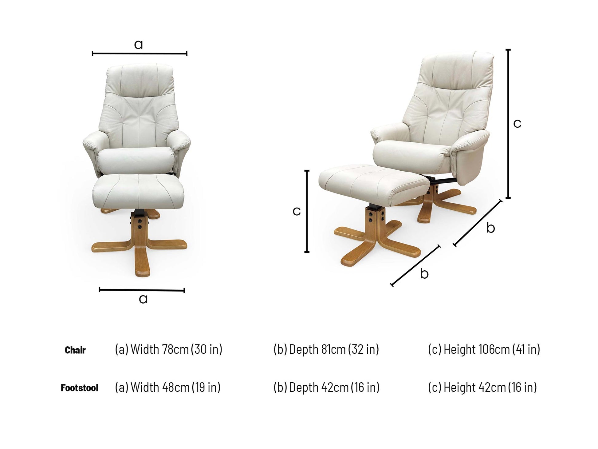 Technical dimension diagram for the Muscat Mushroom Leather Swivel Recliner and Footstool, specifying height, width, and footprint.