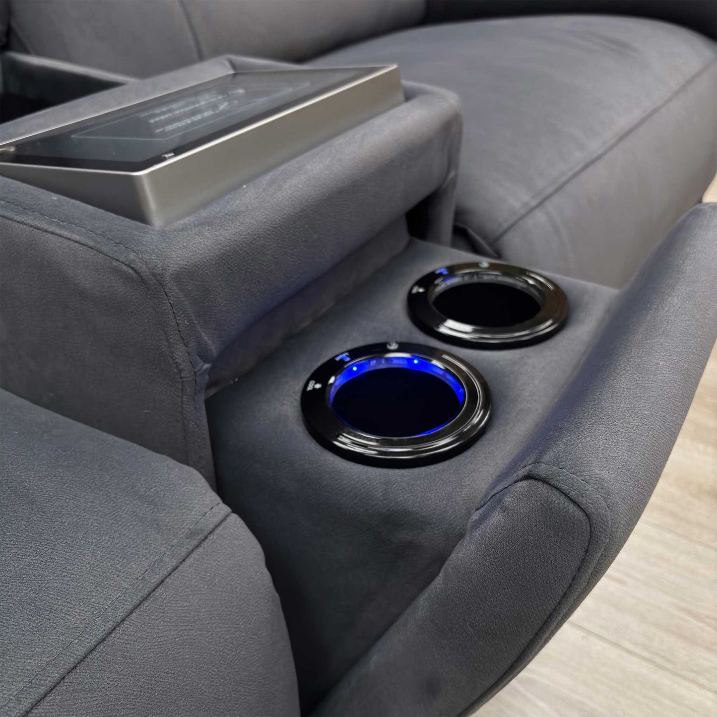 'Genius’ Bella Iron Grey 43460 Velvet 3 Seater Power Recliner Media Sofa with Power Headrest, Power Lumbar and Heated Seats