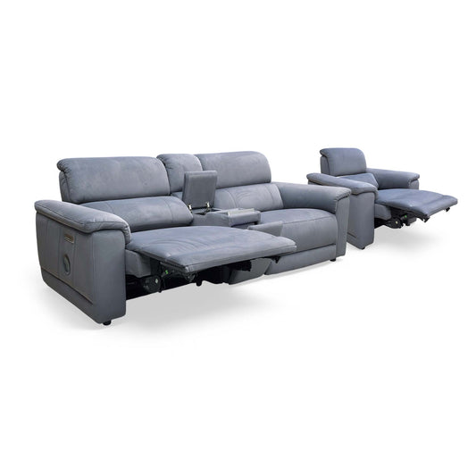 'Genius’ Bella Iron Grey 43460 Velvet 3 Seater Power Recliner Media Sofa with Power Headrest, Power Lumbar and Heated Seats with Armchair