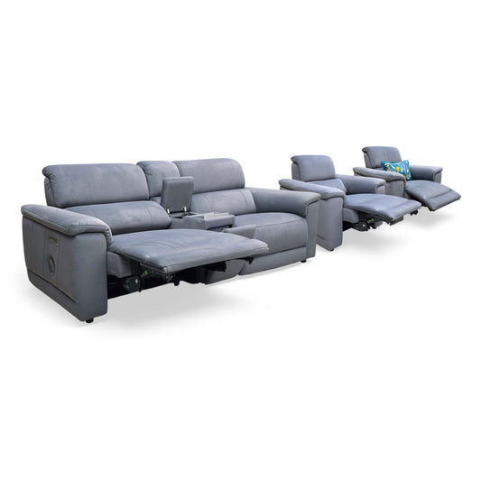 'Genius’ Bella Iron Grey 43460 Velvet 3 Seater Power Recliner Media Sofa with Power Headrest, Power Lumbar and Heated Seats with Set of 2 Armchair