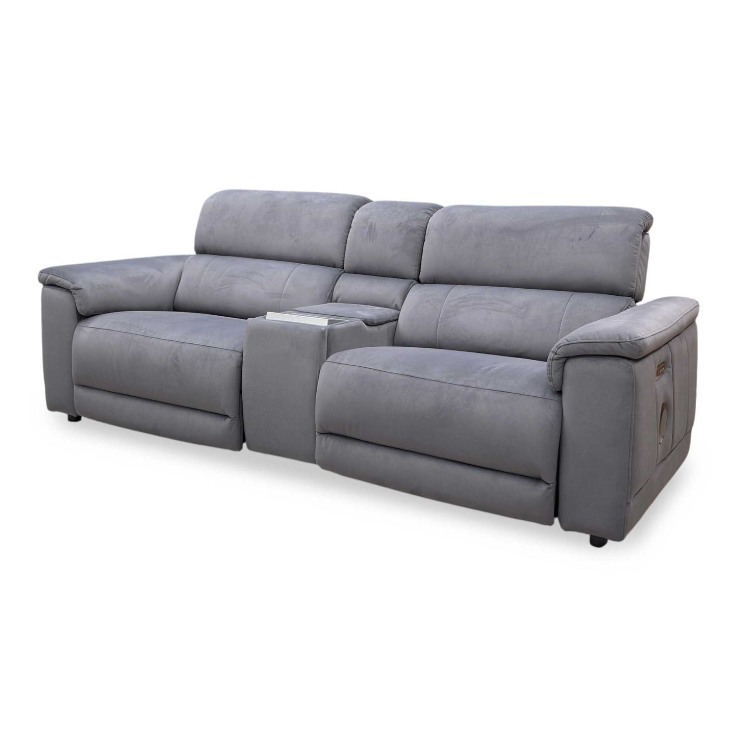 'Genius’ Bella Iron Grey 43460 Velvet 3 Seater Power Recliner Media Sofa with Power Headrest, Power Lumbar and Heated Seats