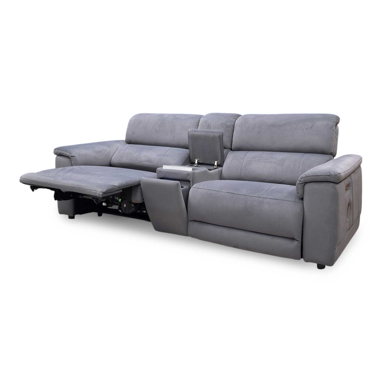 'Genius’ Bella Iron Grey 43460 Velvet 3 Seater Power Recliner Media Sofa with Power Headrest, Power Lumbar and Heated Seats