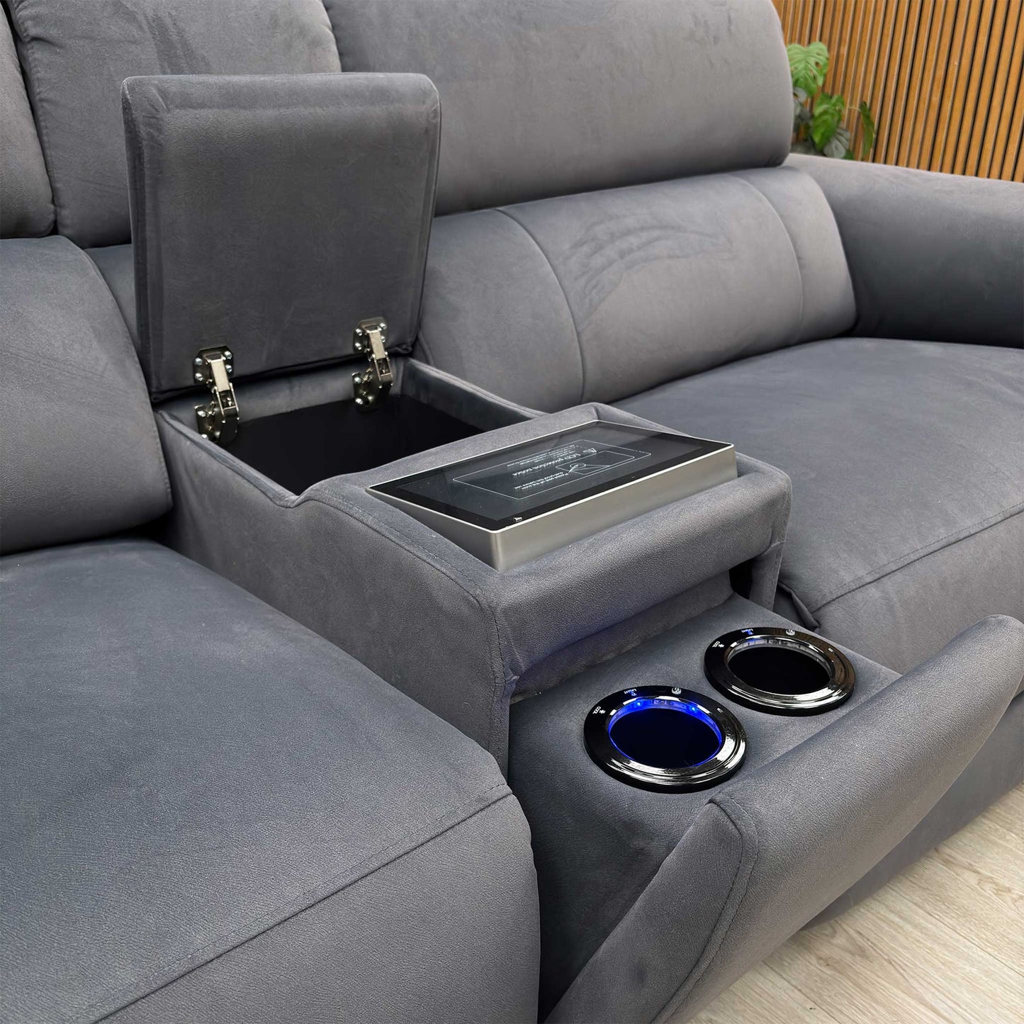 'Genius’ Bella Iron Grey 43460 Velvet 3 Seater Power Recliner Media Sofa with Power Headrest, Power Lumbar and Heated Seats