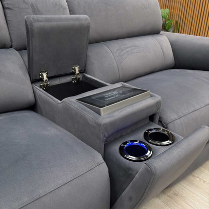 'Genius’ Bella Iron Grey 43460 Velvet 3 Seater Power Recliner Media Sofa with Power Headrest, Power Lumbar and Heated Seats