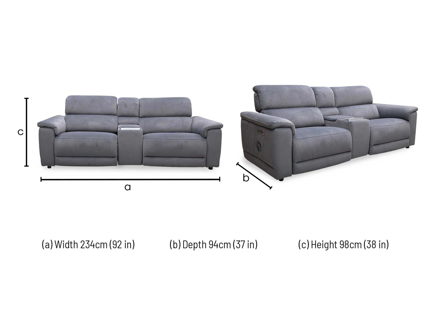 'Genius’ Bella Iron Grey 43460 Velvet 3+2 Seater Power Recliner Media Sofa with Power Headrest, Power Lumbar and Heated Seats