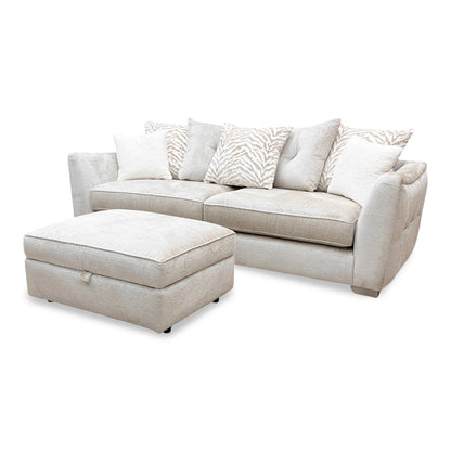 ‘Boujee’ Lustro Dove Ct Fabric 4 Seater Split Frame Scatter Back Sofa + Storage Footstool