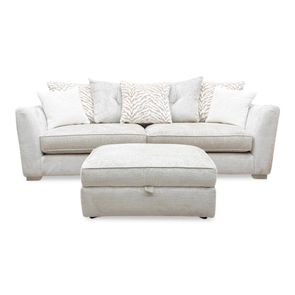 ‘Boujee’ Lustro Dove Ct Fabric 4 Seater Split Frame Scatter Back Sofa + Storage Footstool