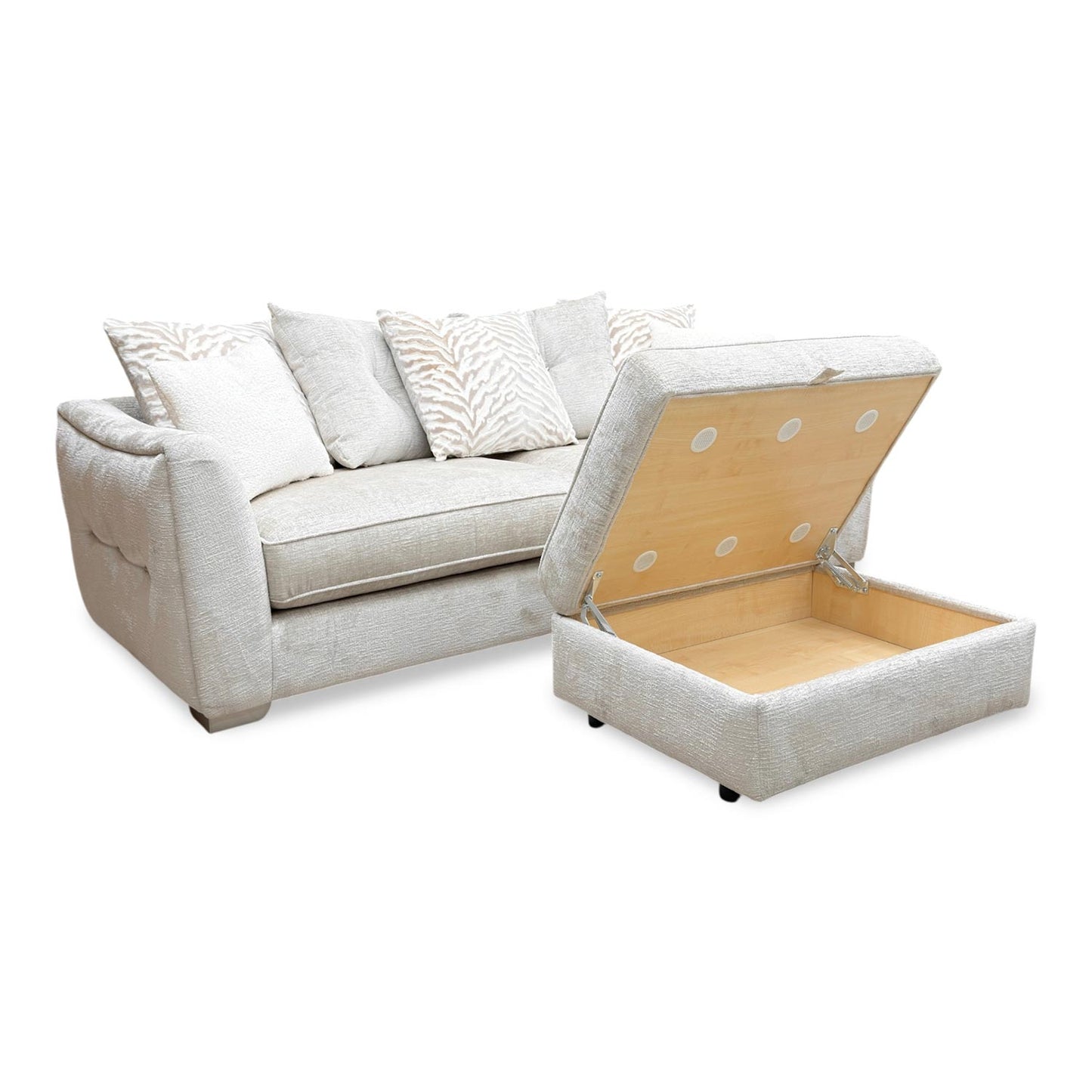 ‘Boujee’ Lustro Dove Ct Fabric 4 Seater Split Frame Scatter Back Sofa + Storage Footstool
