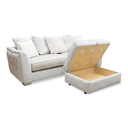 ‘Boujee’ Lustro Dove Ct Fabric 4 Seater Split Frame Scatter Back Sofa + Storage Footstool