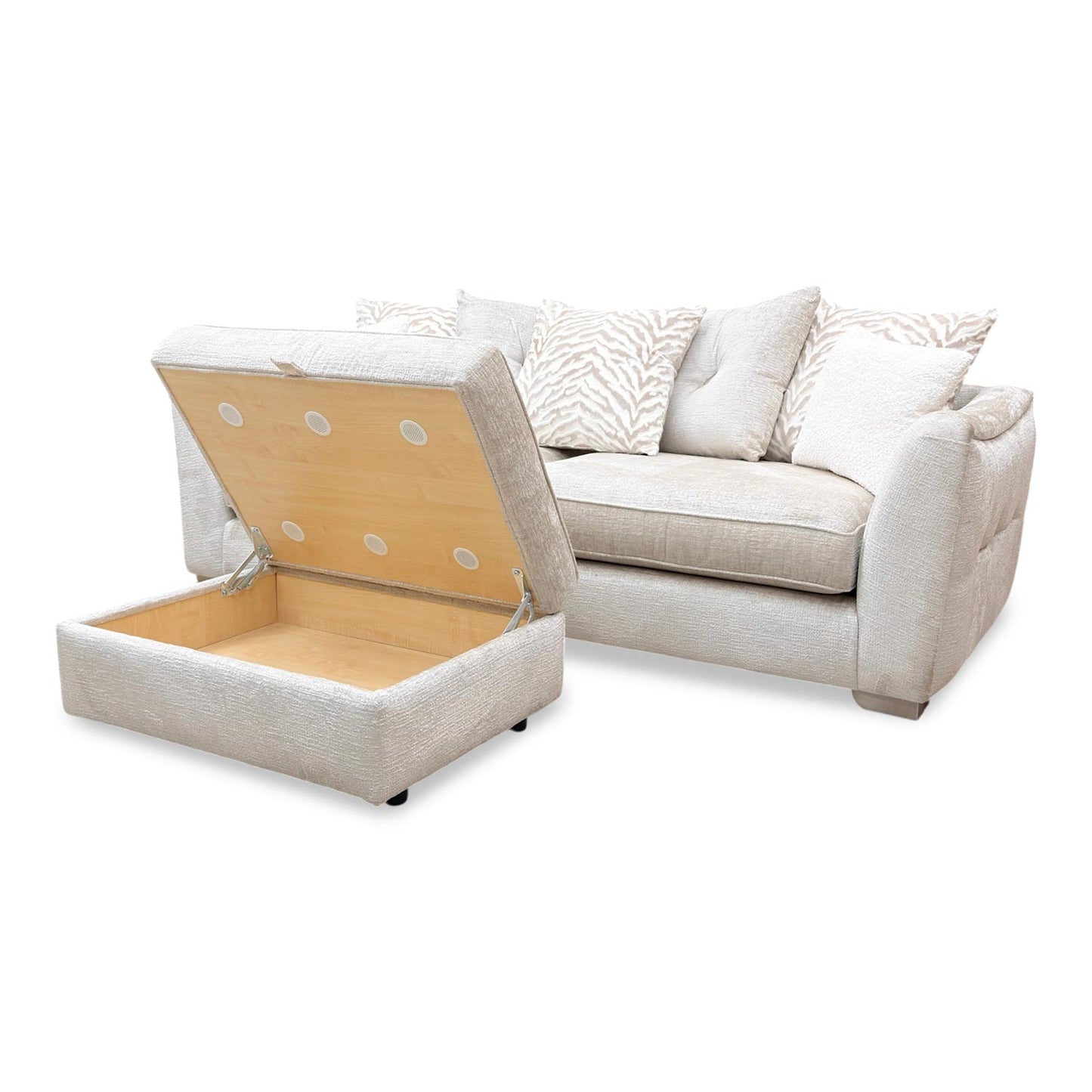 ‘Boujee’ Lustro Dove Ct Fabric 4 Seater Split Frame Scatter Back Sofa + Storage Footstool