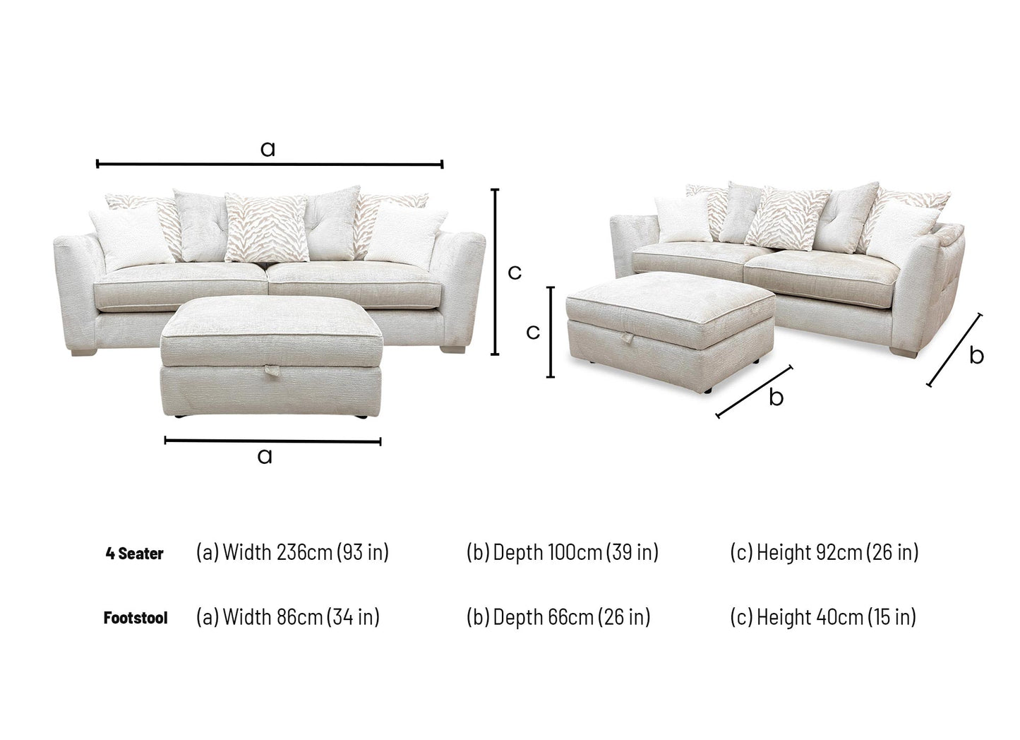 ‘Boujee’ Lustro Dove Ct Fabric 4 Seater Split Frame Scatter Back Sofa + Storage Footstool