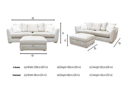 ‘Boujee’ Lustro Dove Ct Fabric 4 Seater Split Frame Scatter Back Sofa + Storage Footstool