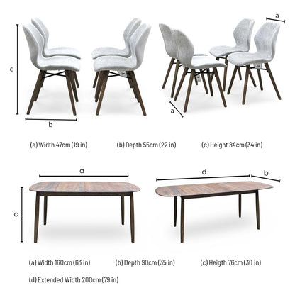 ‘Stockholm’ Dark Oak Solid Oak Large Extending Dining Table with Grey Upholstered Dark Oak Dining Chairs - Set of 4 Furniture Village