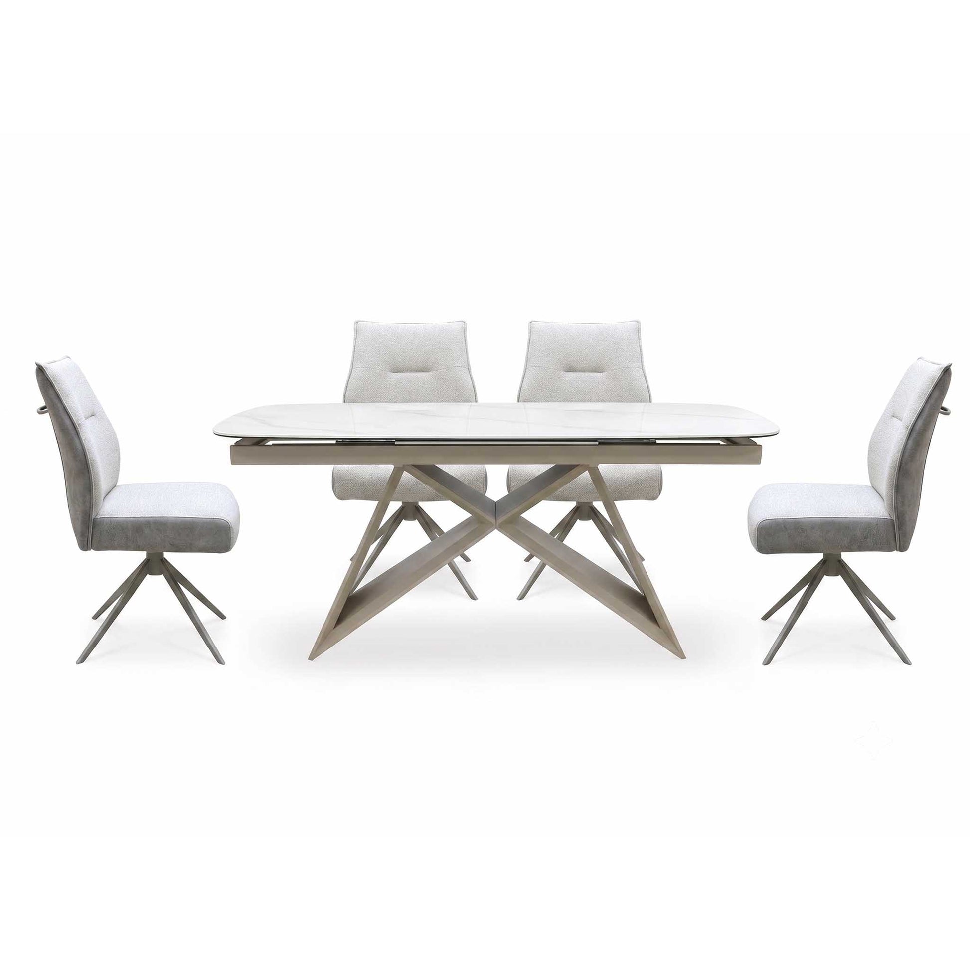 ‘Mirage’ Ceramic Top 180cm Large Pop Up Extending Dining Table with Neutral Fabric Swivel Dining Armless Chairs - Set of 4 Furniture Village