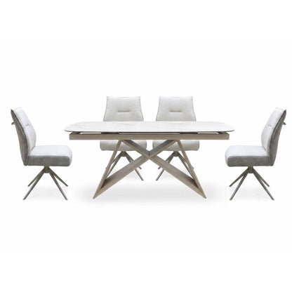 ‘Mirage’ Ceramic Top 180cm Large Pop Up Extending Dining Table with Neutral Fabric Swivel Dining Armless Chairs - Set of 4 Furniture Village