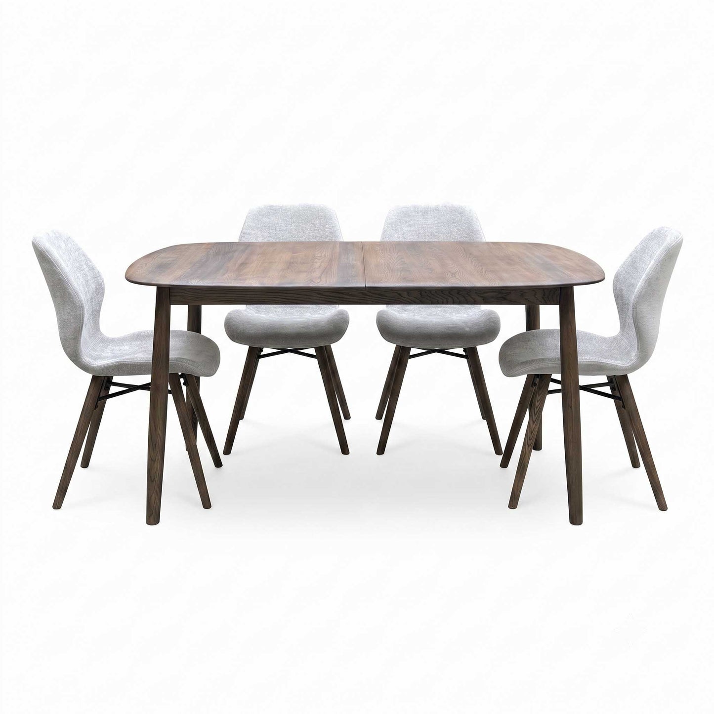 ‘Stockholm’ Dark Oak Solid Oak Large Extending Dining Table with Grey Upholstered Dark Oak Dining Chairs - Set of 4 Furniture Village