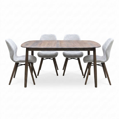 ‘Stockholm’ Dark Oak Solid Oak Large Extending Dining Table with Grey Upholstered Dark Oak Dining Chairs - Set of 4 Furniture Village