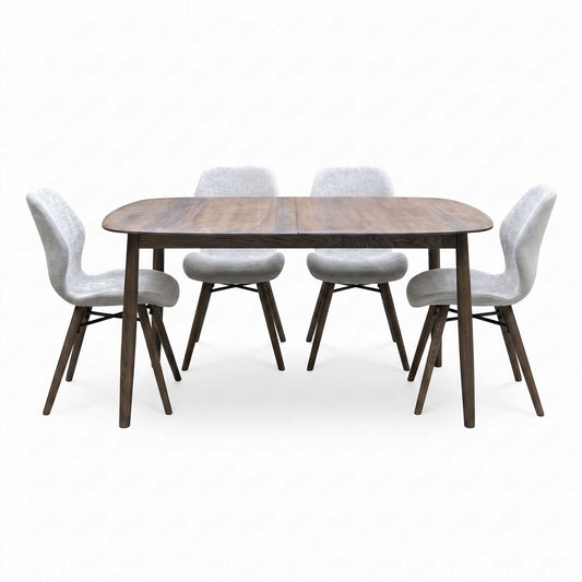 ‘Stockholm’ Dark Oak Solid Oak Large Extending Dining Table with Grey Upholstered Dark Oak Dining Chairs - Set of 4 Furniture Village
