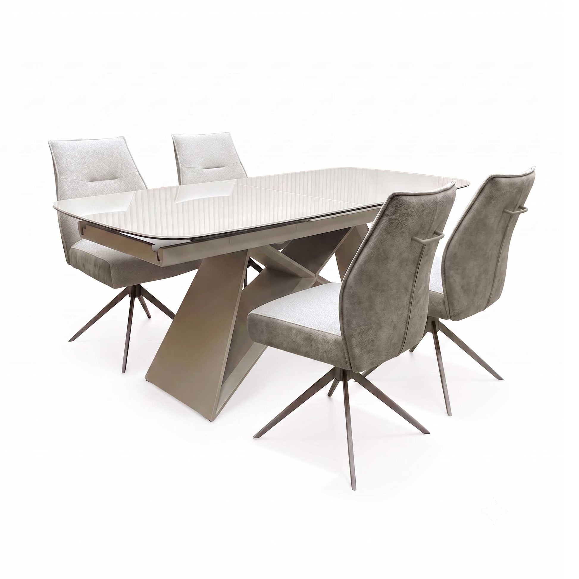 ‘Mirage’ Ceramic Top 180cm Large Pop Up Extending Dining Table with Neutral Fabric Swivel Dining Armless Chairs - Set of 4 Furniture Village