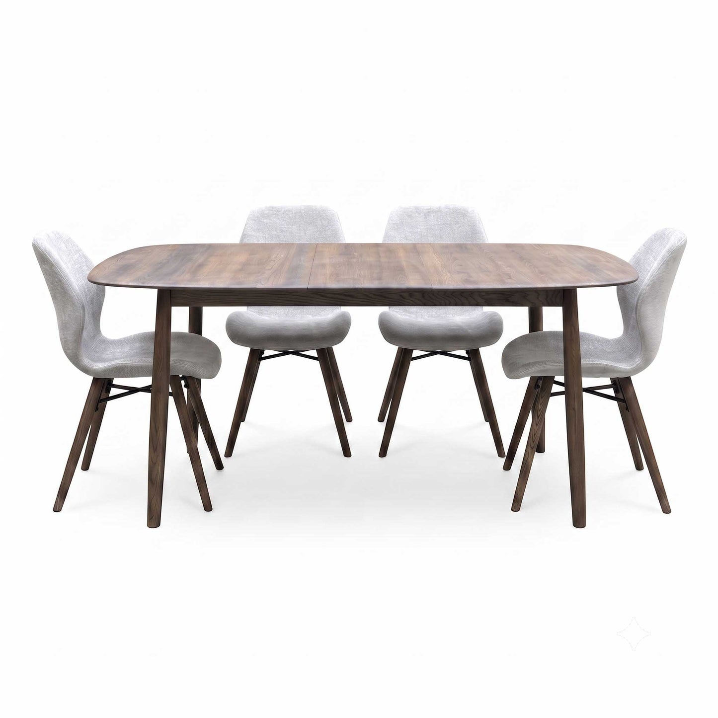 ‘Stockholm’ Dark Oak Solid Oak Large Extending Dining Table with Grey Upholstered Dark Oak Dining Chairs - Set of 4 Furniture Village