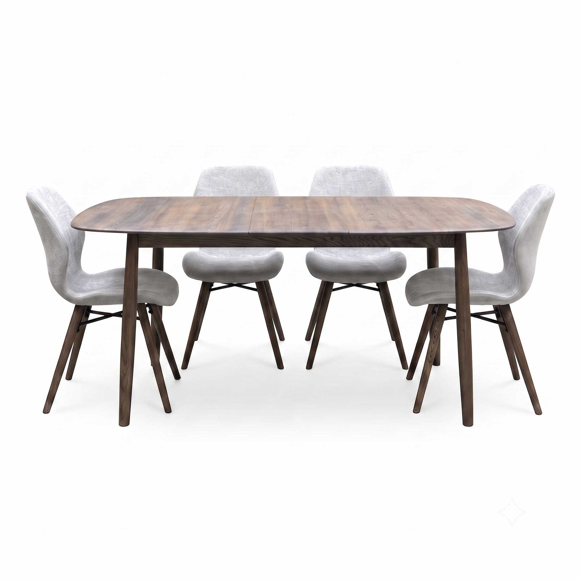 ‘Stockholm’ Dark Oak Solid Oak Large Extending Dining Table with Grey Upholstered Dark Oak Dining Chairs - Set of 4 Furniture Village