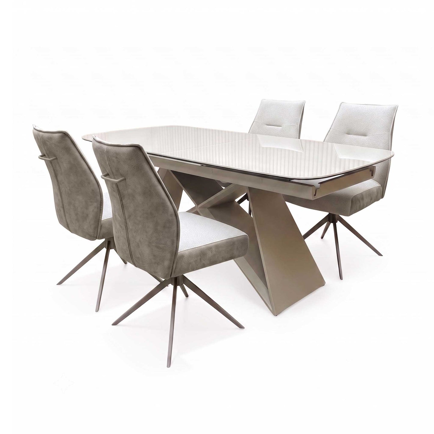 ‘Mirage’ Ceramic Top 180cm Large Pop Up Extending Dining Table with Neutral Fabric Swivel Dining Armless Chairs - Set of 4 Furniture Village