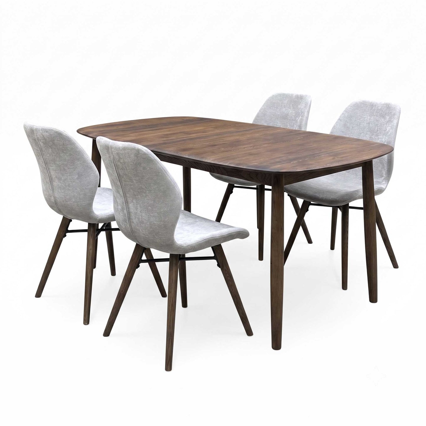 ‘Stockholm’ Dark Oak Solid Oak Large Extending Dining Table with Grey Upholstered Dark Oak Dining Chairs - Set of 4 Furniture Village