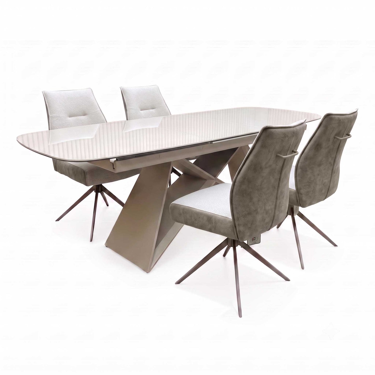 ‘Mirage’ Ceramic Top 180cm Large Pop Up Extending Dining Table with Neutral Fabric Swivel Dining Armless Chairs - Set of 4 Furniture Village