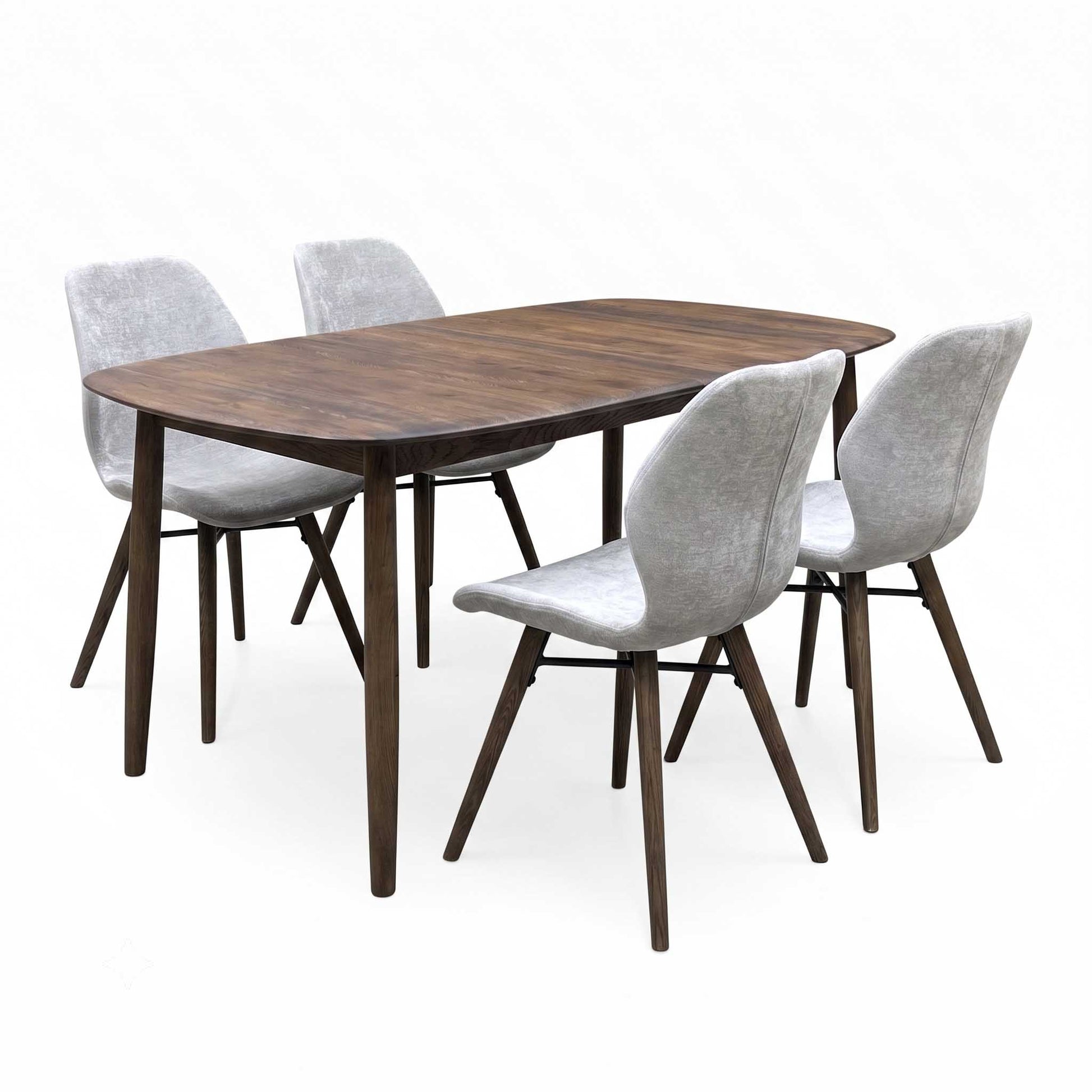 ‘Stockholm’ Dark Oak Solid Oak Large Extending Dining Table with Grey Upholstered Dark Oak Dining Chairs - Set of 4 Furniture Village
