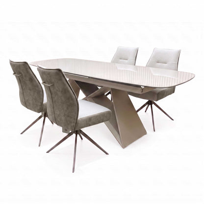 ‘Mirage’ Ceramic Top 180cm Large Pop Up Extending Dining Table with Neutral Fabric Swivel Dining Armless Chairs - Set of 4 Furniture Village