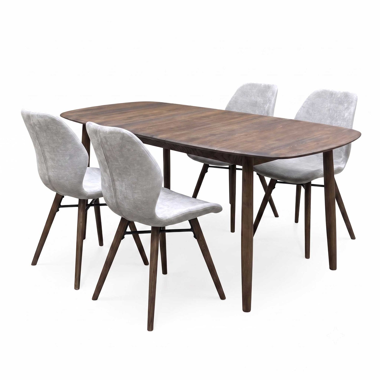 ‘Stockholm’ Dark Oak Solid Oak Large Extending Dining Table with Grey Upholstered Dark Oak Dining Chairs - Set of 4 Furniture Village