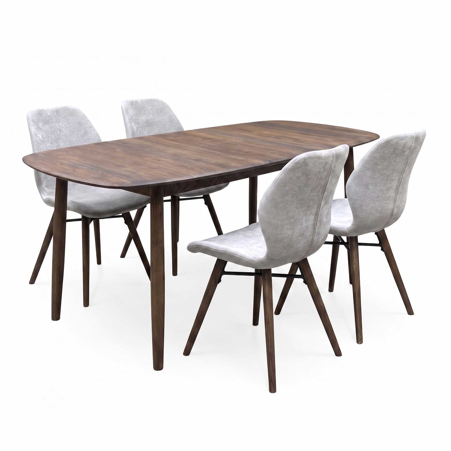 ‘Stockholm’ Dark Oak Solid Oak Large Extending Dining Table with Grey Upholstered Dark Oak Dining Chairs - Set of 4 Furniture Village