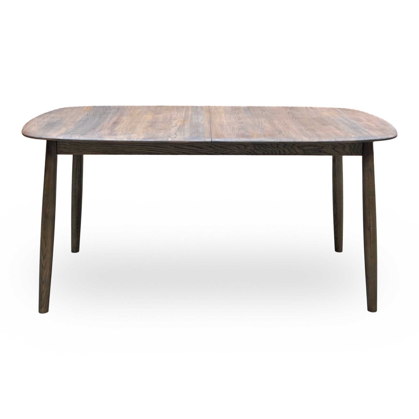 ‘Stockholm’ Dark Oak Solid Oak Large Extending Dining Table with Grey Upholstered Dark Oak Dining Chairs - Set of 4 Furniture Village