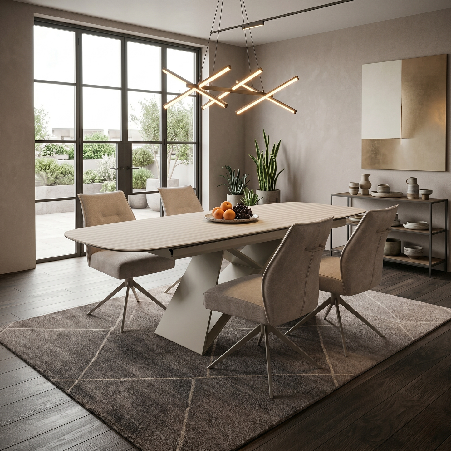 ‘Mirage’ Ceramic Top 180cm Large Pop Up Extending Dining Table & Neutral Fabric Swivel Dining Armless Chairs - Set of 4