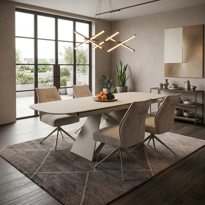 ‘Mirage’ Ceramic Top 180cm Large Pop Up Extending Dining Table & Neutral Fabric Swivel Dining Armless Chairs - Set of 4