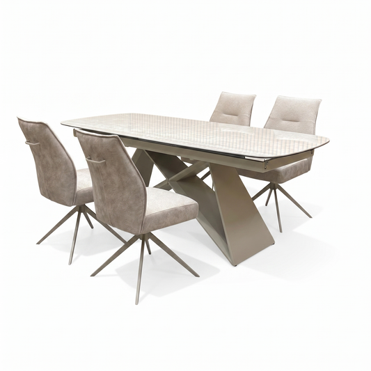 ‘Mirage’ Ceramic Top 180cm Large Pop Up Extending Dining Table & Neutral Fabric Swivel Dining Armless Chairs - Set of 4
