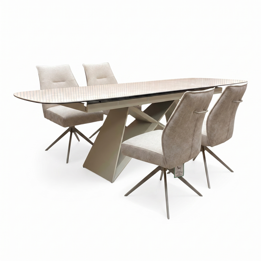 ‘Mirage’ Ceramic Top 180cm Large Pop Up Extending Dining Table & Neutral Fabric Swivel Dining Armless Chairs - Set of 4