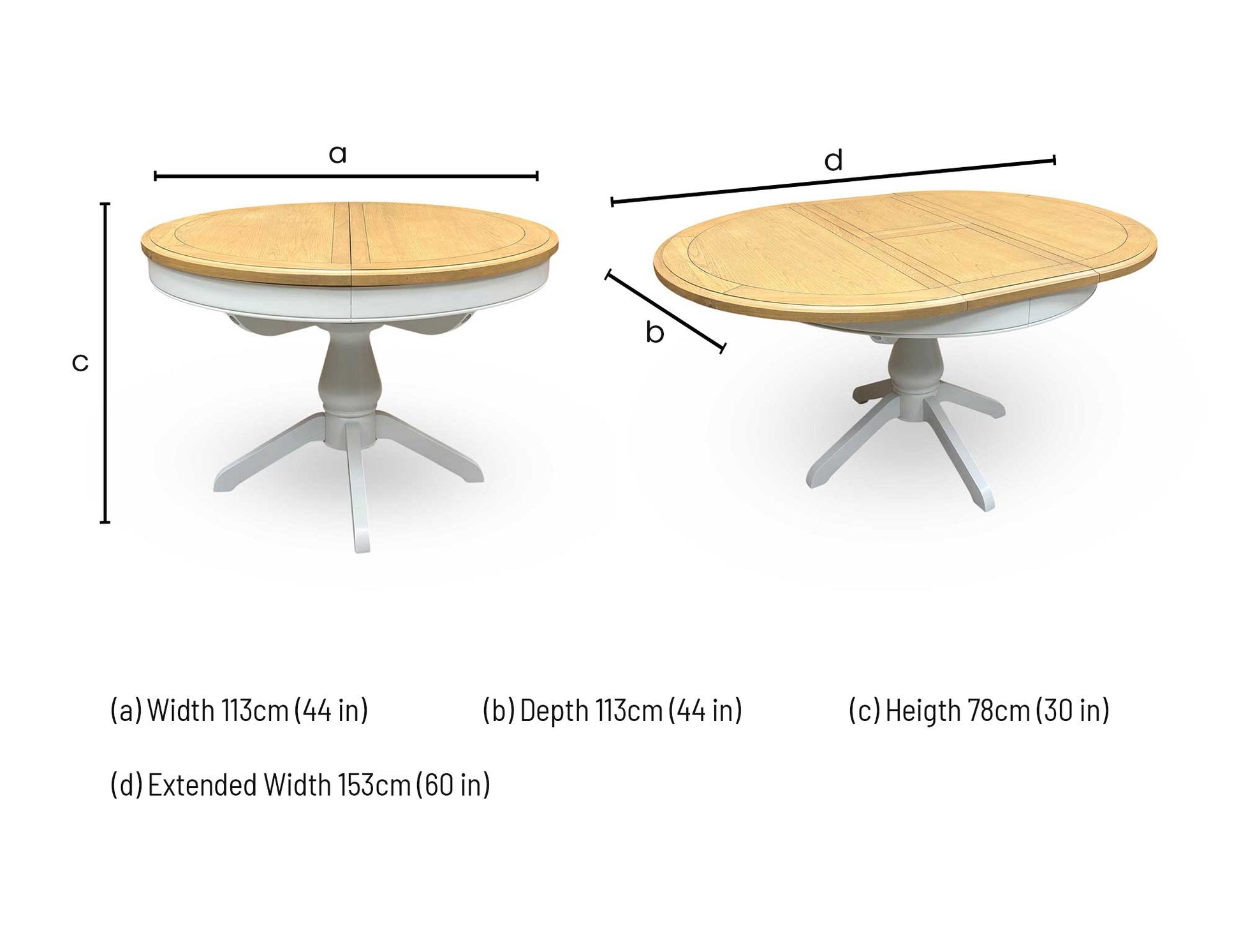 Technical dimension diagram for the Furnitureland 'Hamilton' Solid Oak Round Extending Dining Table, showing its standard round configuration and extended oval shape.