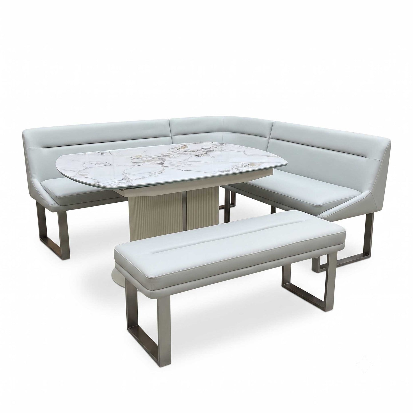 'Avorio' Marble-Effect Ceramic Top Swivel Extending Dining Table with Neutral Faux Leather Left Hand Facing Corner Dining Bench & Low Dining Bench Furniture Village