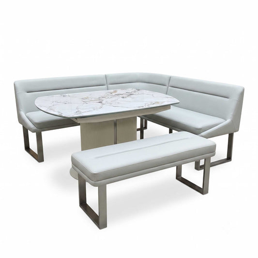 'Avorio' Marble-Effect Ceramic Top Swivel Extending Dining Table with Neutral Faux Leather Left Hand Facing Corner Dining Bench & Low Dining Bench Furniture Village