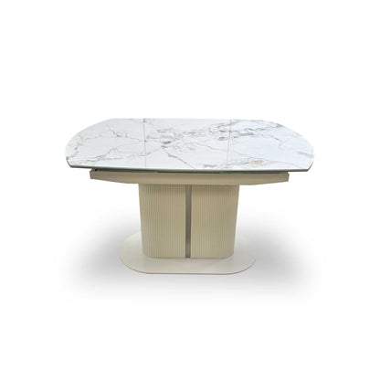 'Avorio' Marble-Effect Ceramic Top Swivel Extending Dining Table with Neutral Faux Leather Left Hand Facing Corner Dining Bench & Low Dining Bench Furniture Village