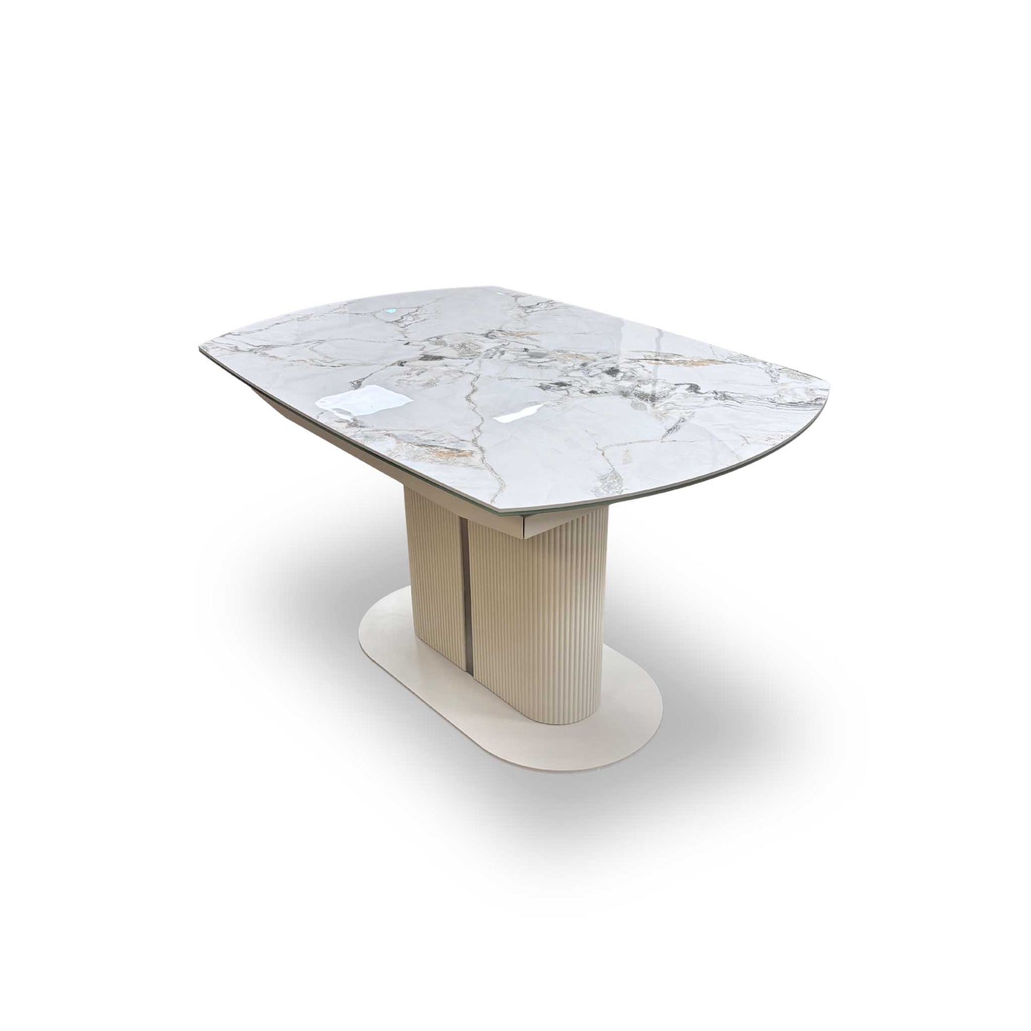 'Avorio' Marble-Effect Ceramic Top Swivel Extending Dining Table with Neutral Faux Leather Left Hand Facing Corner Dining Bench & Low Dining Bench Furniture Village