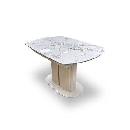 'Avorio' Marble-Effect Ceramic Top Swivel Extending Dining Table with Neutral Faux Leather Left Hand Facing Corner Dining Bench & Low Dining Bench Furniture Village
