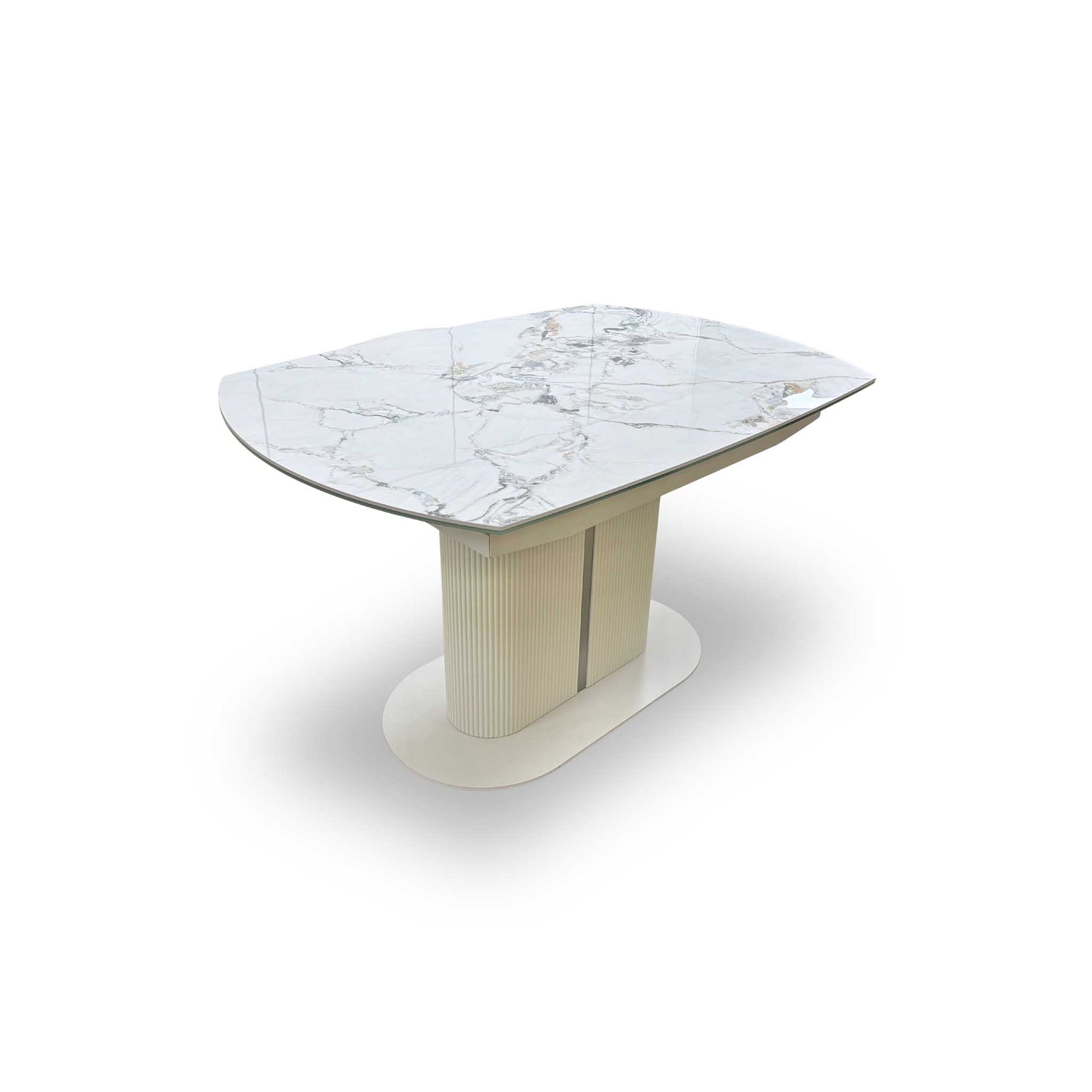 'Avorio' Marble-Effect Ceramic Top Swivel Extending Dining Table with Neutral Faux Leather Left Hand Facing Corner Dining Bench & Low Dining Bench Furniture Village